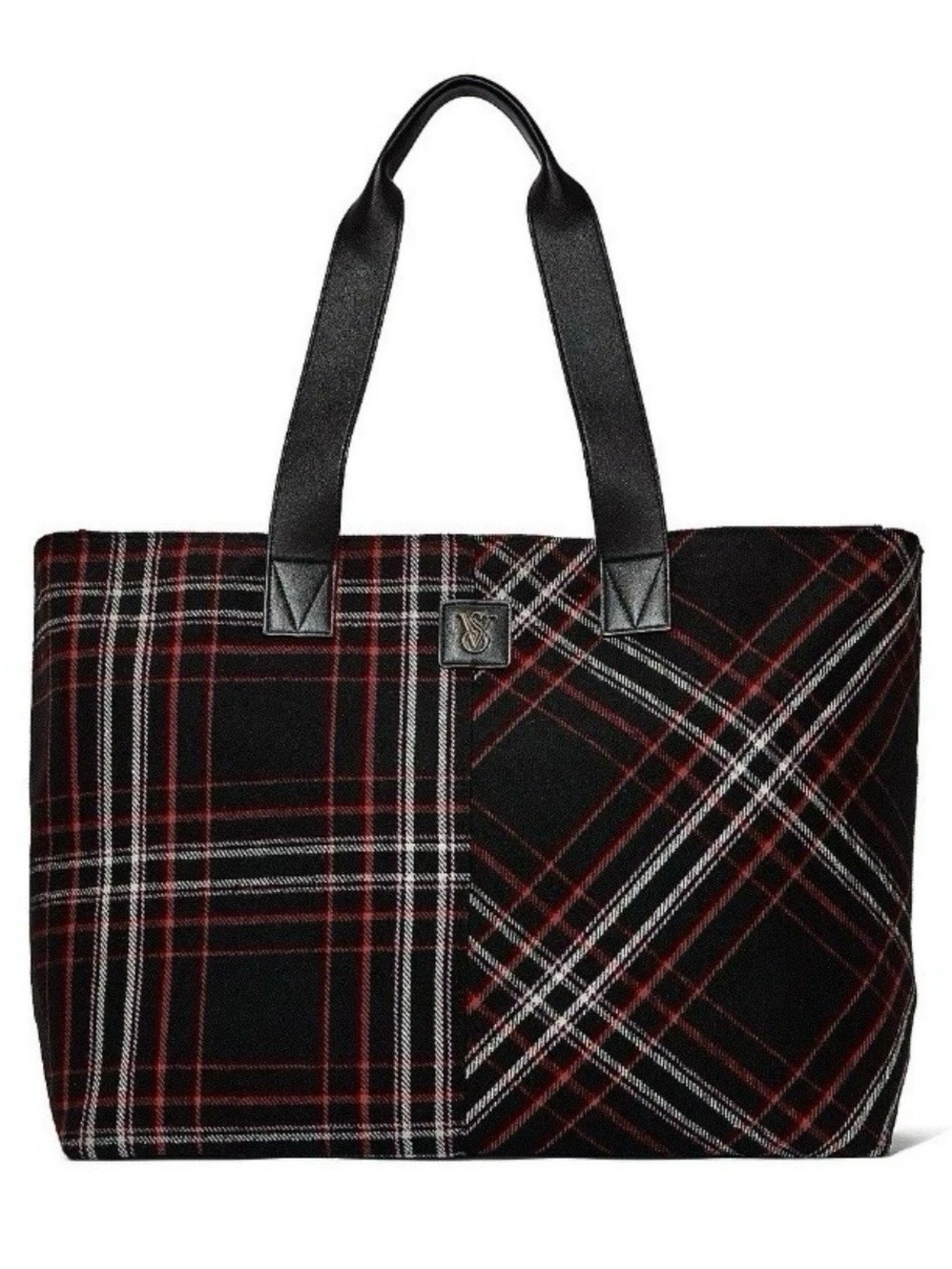 Victoria's Secret Black Plaid Tote with Red & White Accents